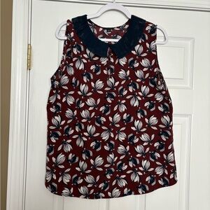Ann Taylor Burgundy Floral Sleeveless Top with Navy Pleated Collar